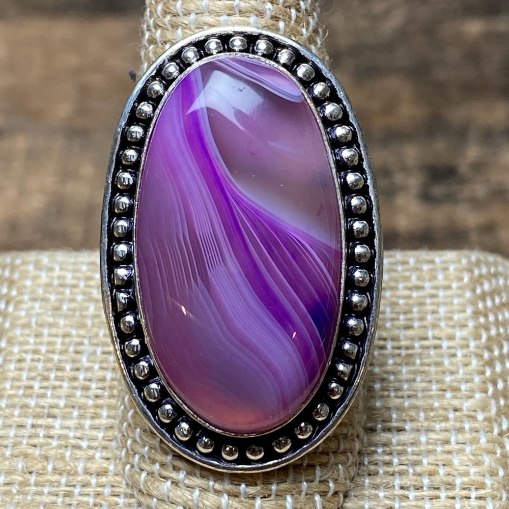 New Purple Striped Agate Silver Overlay Ring Size 9.75 Adjustable